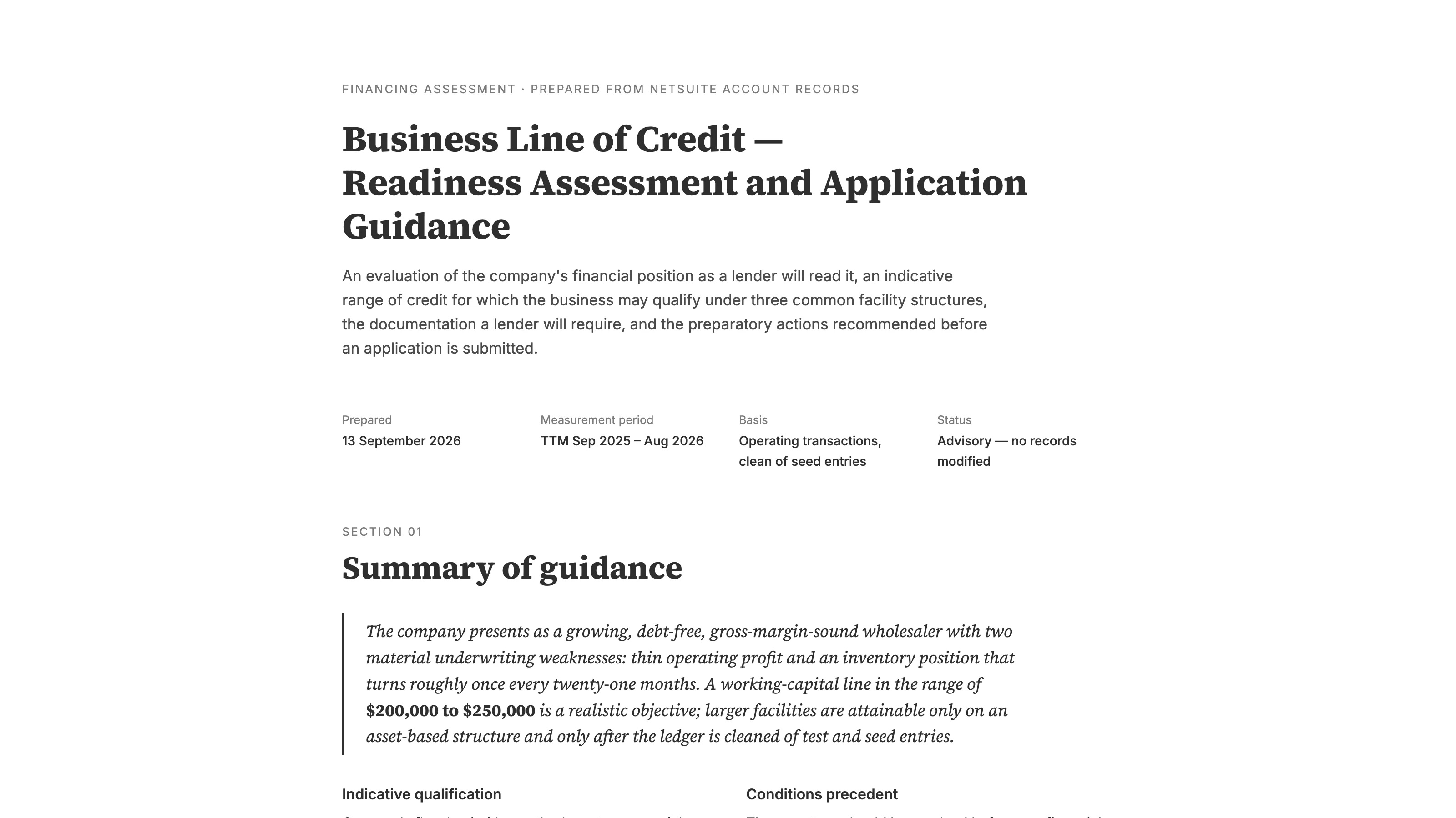 The top of the Line of Credit Readiness sample report, a business line of credit readiness assessment and application guidance prepared from NetSuite account records, with the measurement period and basis lines.