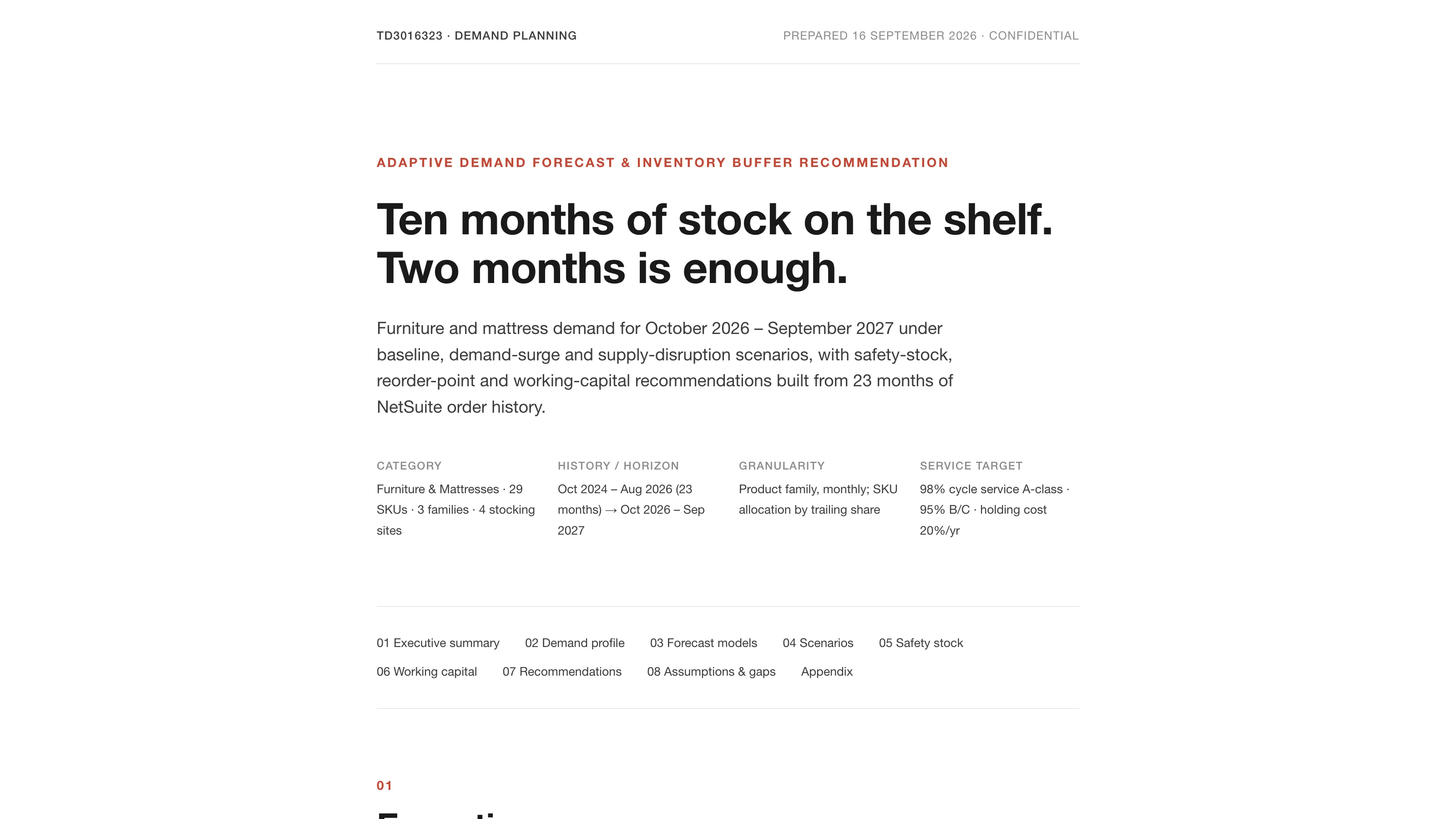The top of the Adaptive Demand Forecast and Inventory Buffer Recommendation sample report, headed 'Ten months of stock on the shelf. Two months is enough,' with the category, history and horizon, granularity, and service target lines.