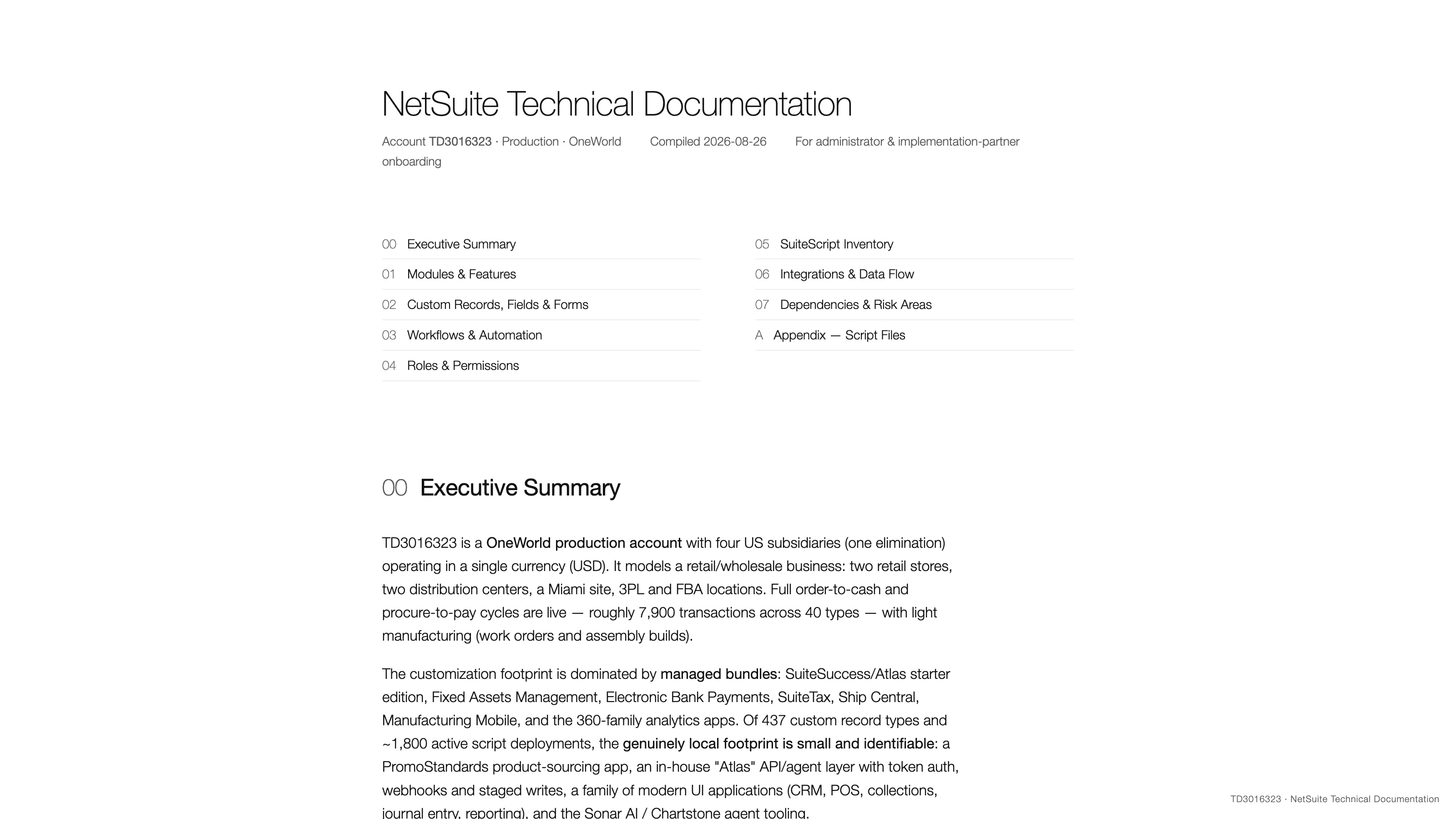 The top of the NetSuite Instance Technical Documentation sample report, with the account summary and the three executive-summary findings: administrator sprawl, a plaintext credential, and approval workflows that are installed and not initiating.