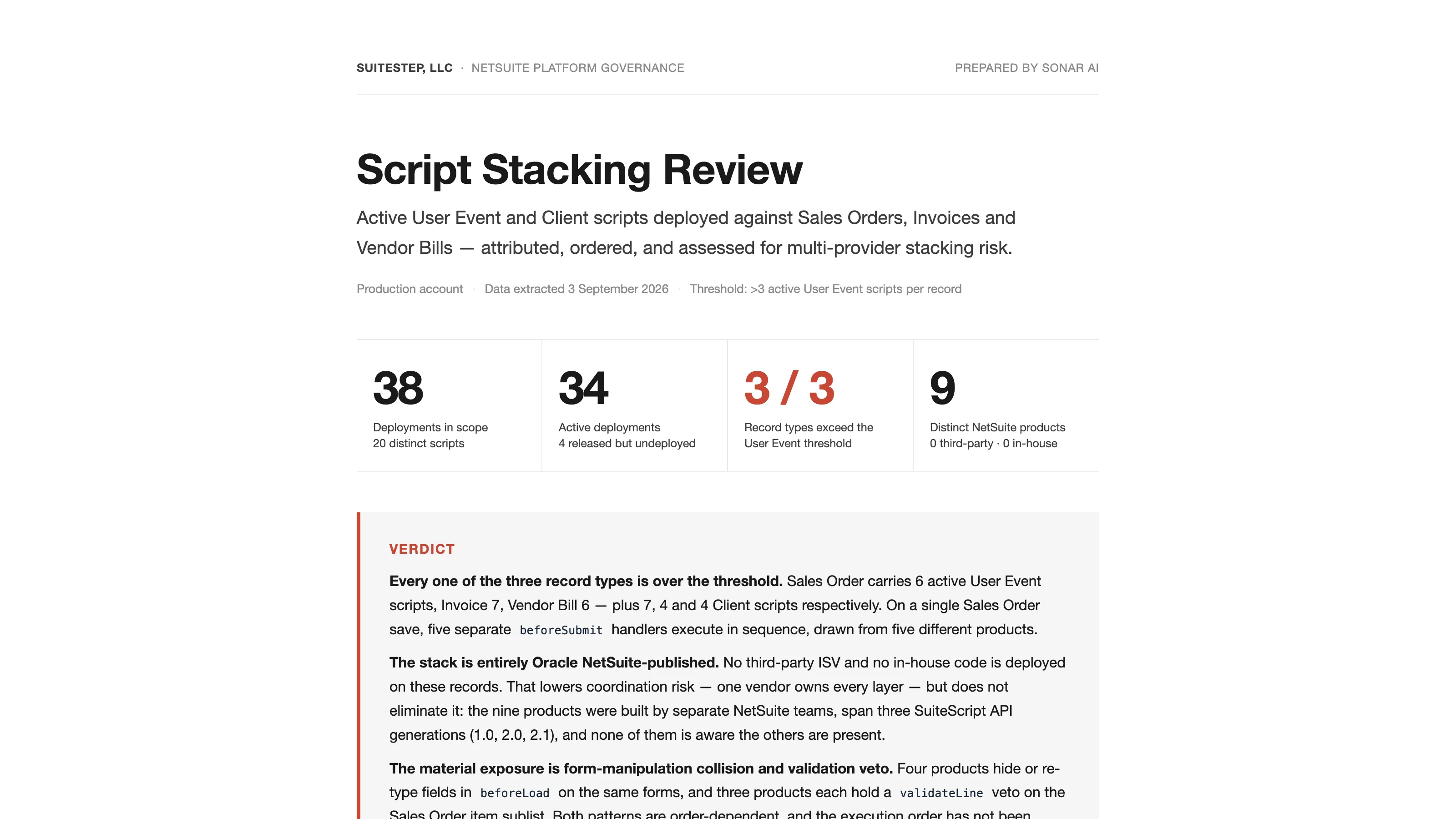 The top of the Script Stacking Review sample report, with the three record types over the threshold, Sales Order, Invoice, and Vendor Bill, and the count of active user event and client scripts on each.