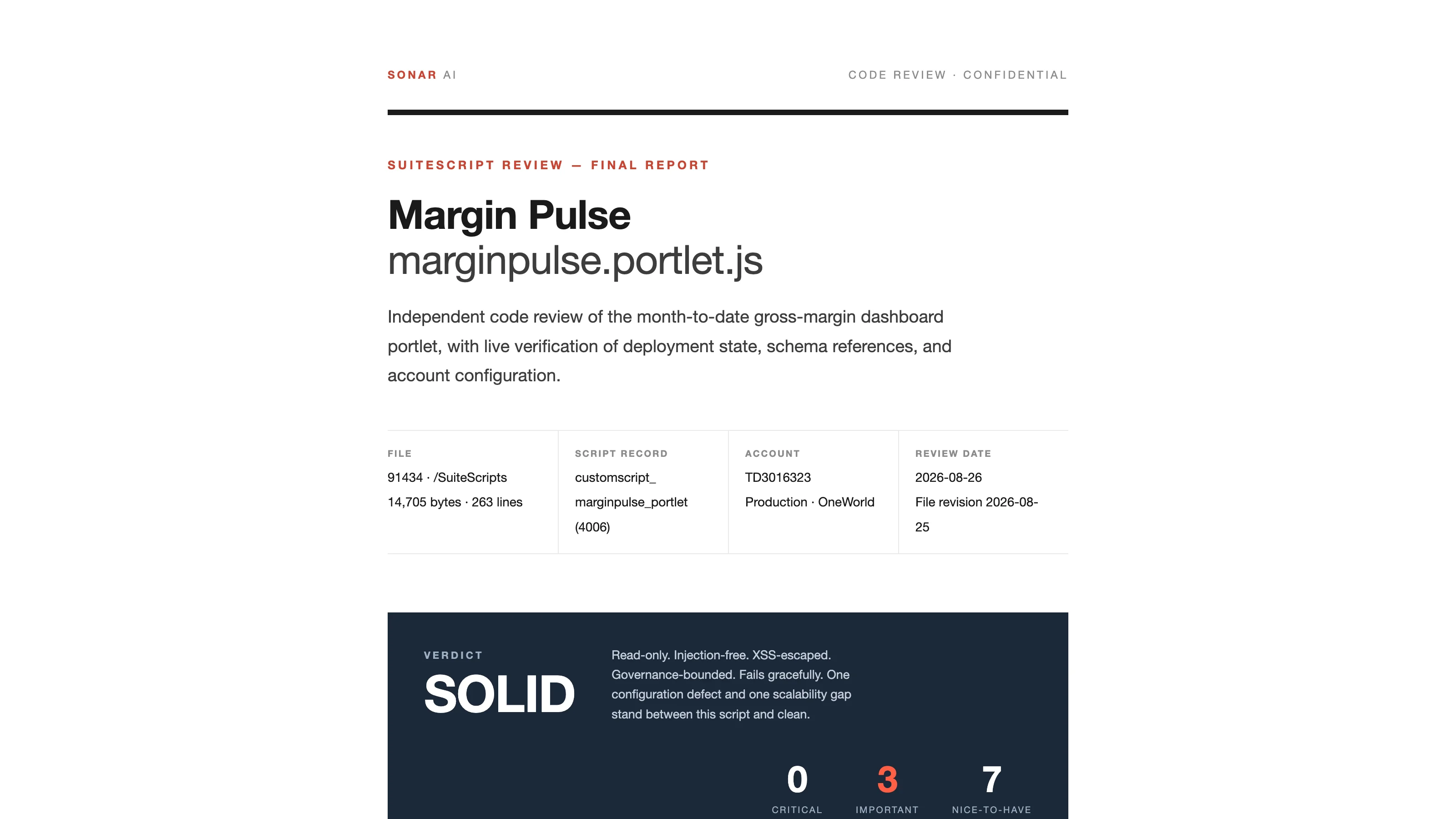 The cover of the SuiteScript Review sample report for the Margin Pulse portlet, with the file, script record, account, review date, and a verdict of solid, plus counts of zero critical, three important, and seven nice-to-have findings.