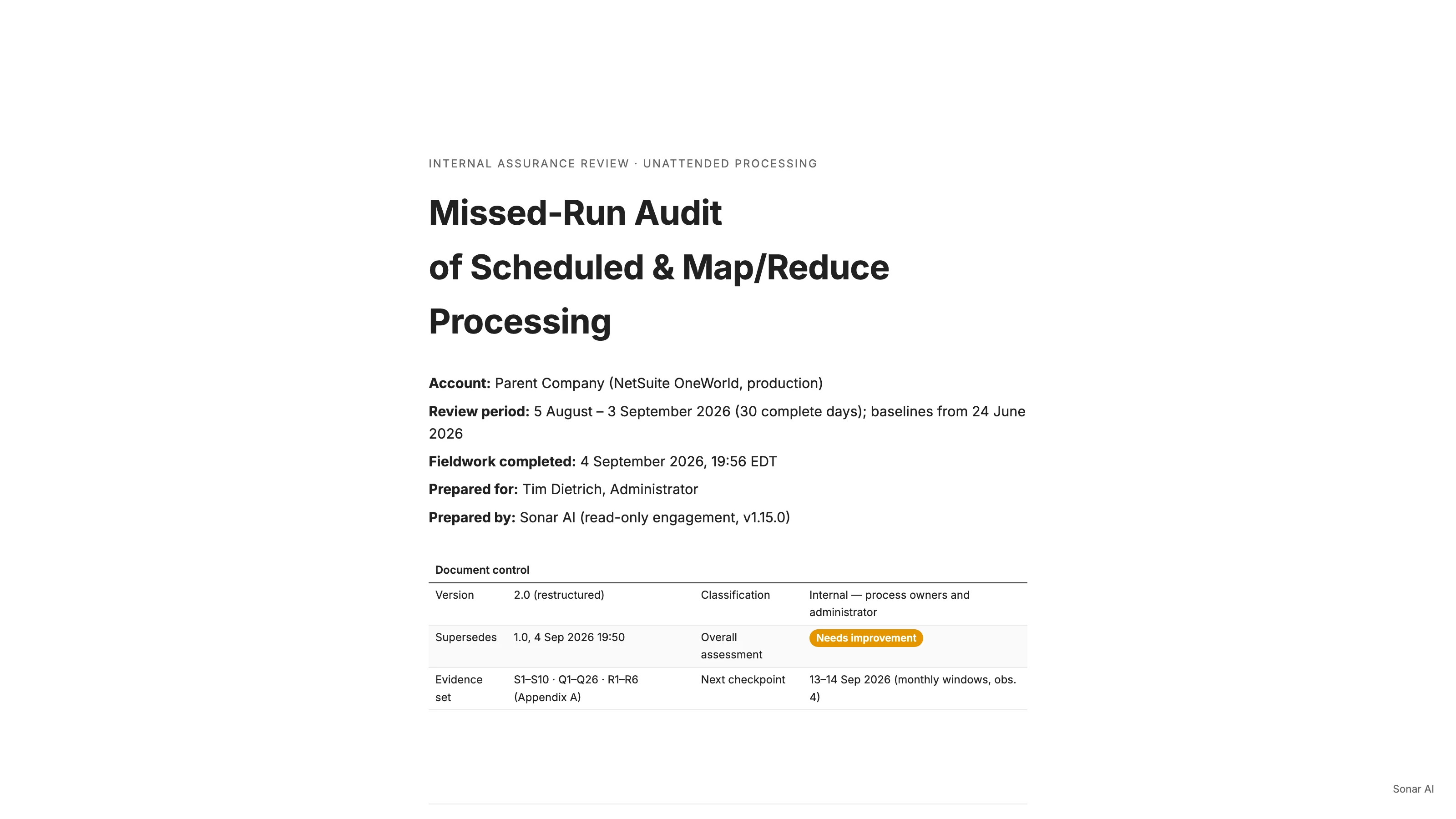 The top of the Missed-Run Audit of Scheduled and Map/Reduce Processing sample report, an internal assurance review with the account, review period, document control block, and an overall assessment of needs improvement.