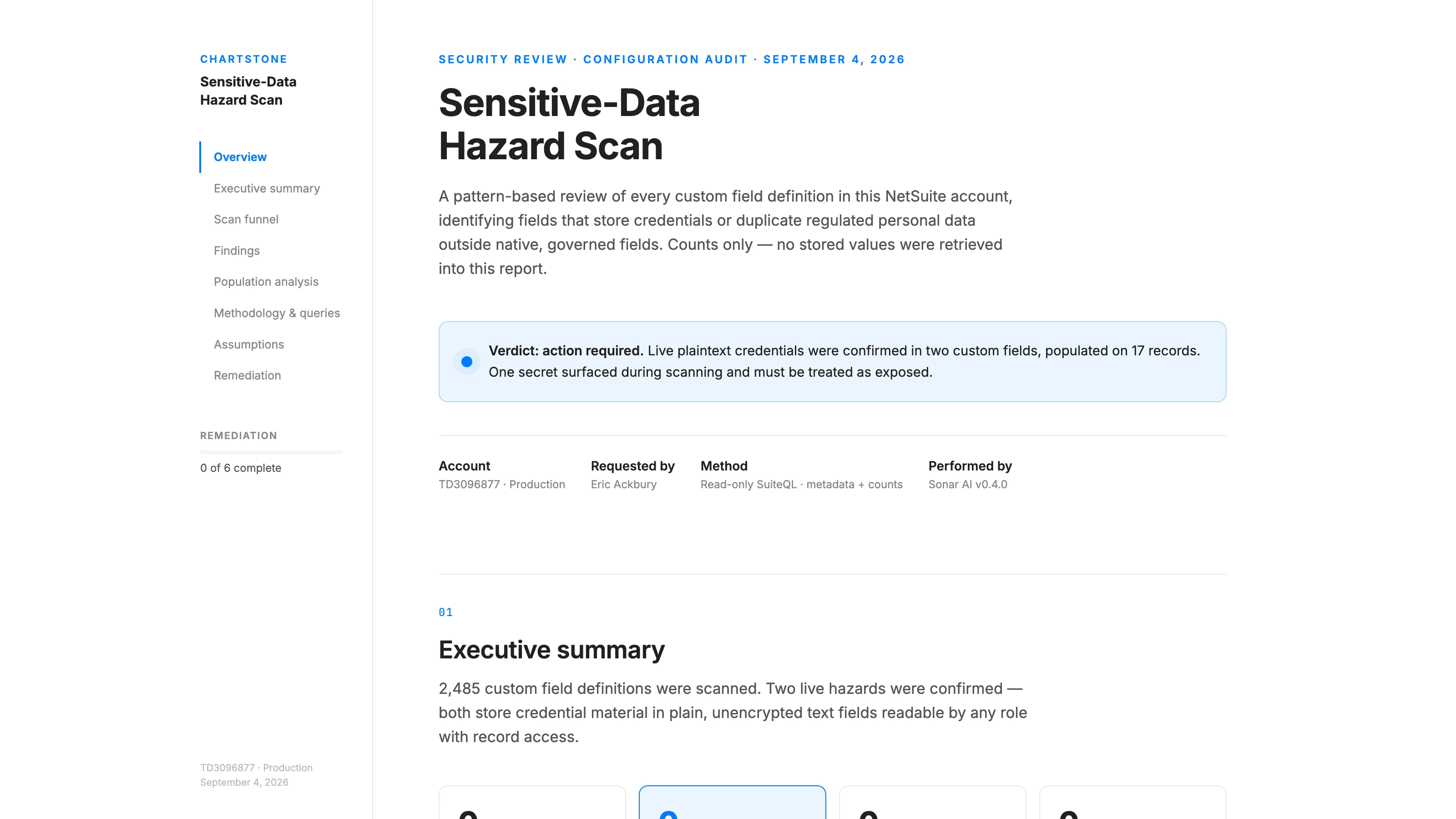 The top of the Sensitive-Data Hazard Scan sample report, a configuration audit of custom field definitions, with the verdict box: action required, live plaintext credentials confirmed in two custom fields on 17 records.